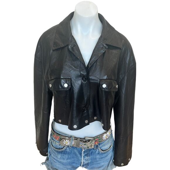 Nanushka Black Faux Leather Moto Jacket MEDIUM Cropped Oversized Designer $625 - Picture 8 of 15